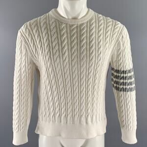 THOM BROWNE Size M White Grey Cotton Cable Knit Sweater